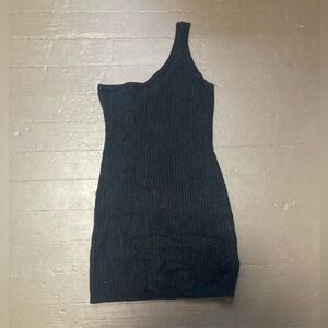 Divided Black Ribbed One-Shoulder Dress